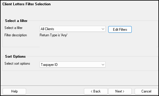 Image of Client Letters Filter Selection window